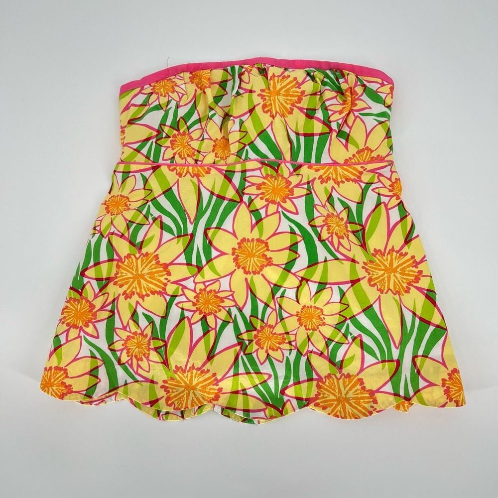 Lilly Pulitzer Strapless Floral Scallop Hem Top in Yellow, Green & Pink